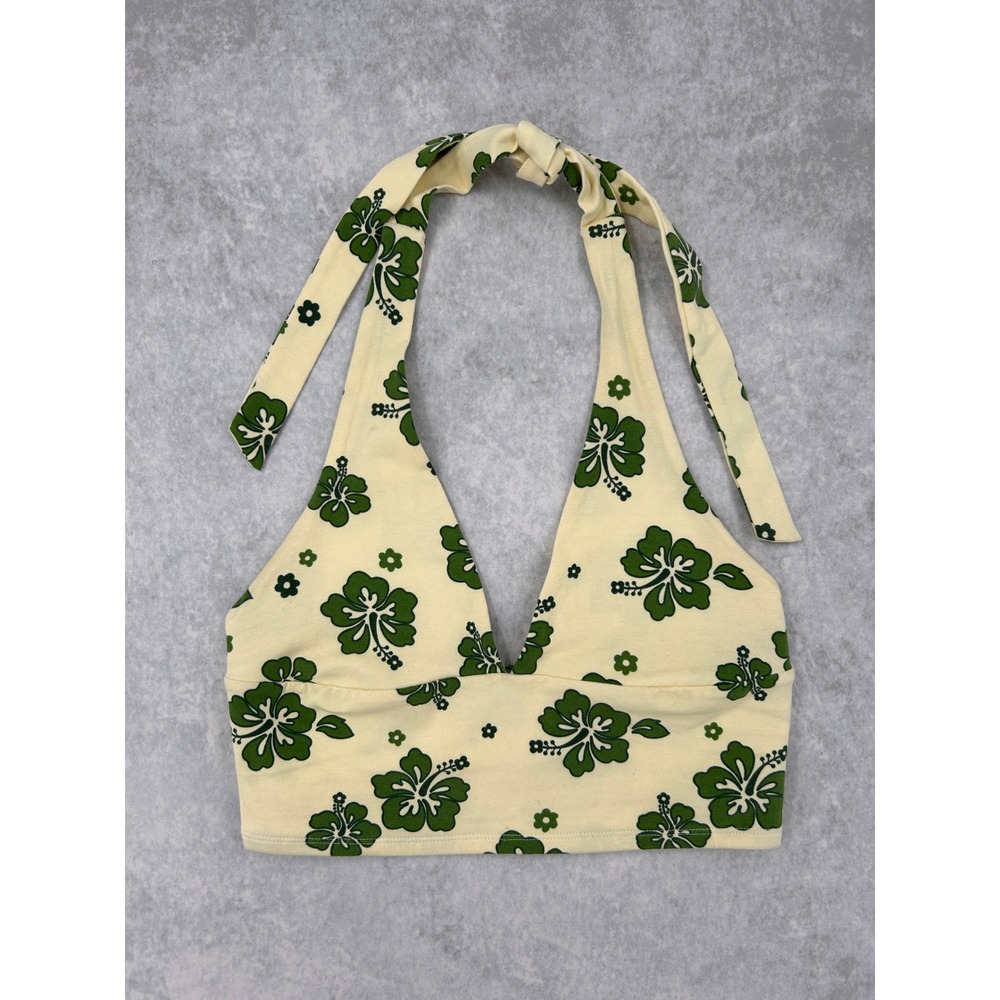 Garage Womens Hibiscus Floral Halter Crop Top Green Yellow Cream Size S